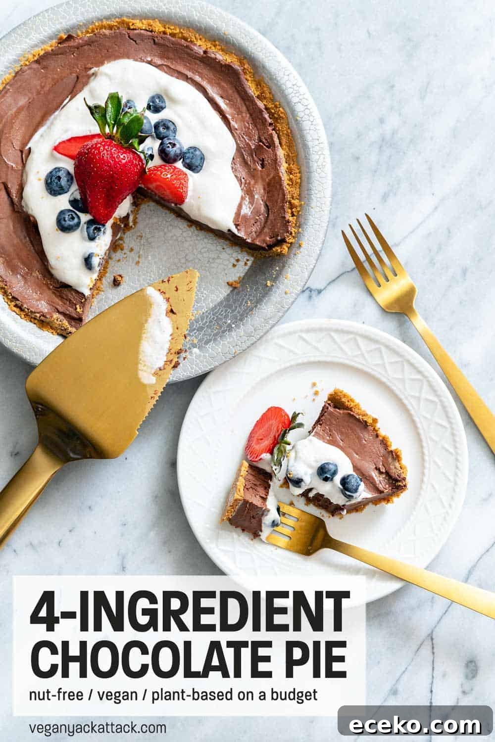 Slice of chocolate pie on a plate next to whole pie and gold pie server