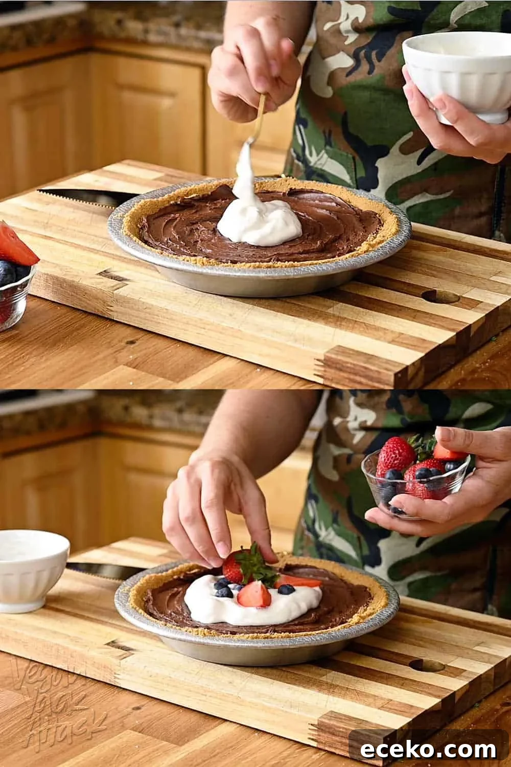 Topping chocolate pie with whipped cream and berries