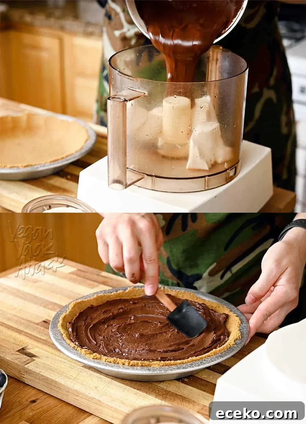 Image collage of Making vegan chocolate pie filling in a food processor