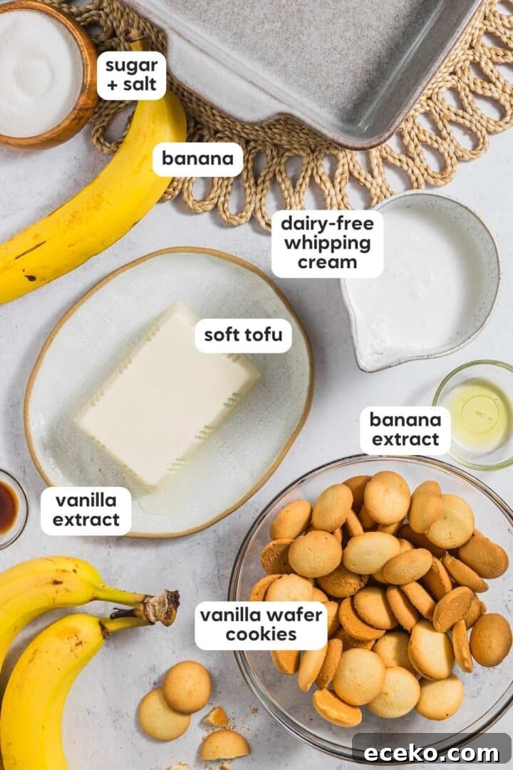 Labeled photo of ingredients for dairy-free banana pudding displayed on a kitchen counter.