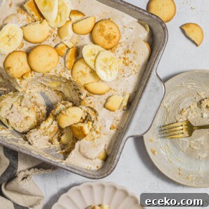 Dairy-free banana pudding in a baking dish, being scooped onto a serving plate.