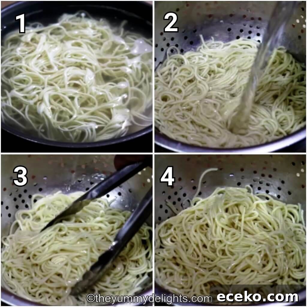 Collage image of 4 steps showing cooking the egg hakka noodles. It shows boiling egg noodles, rinsing it with water and tossing it with oil.