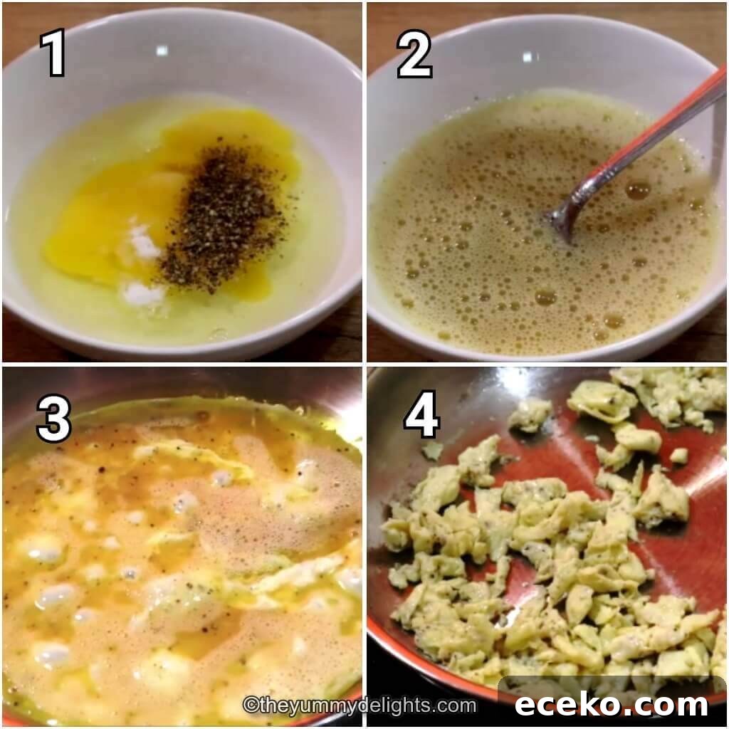 Collage image of 4 steps showing how to scramble eggs for making egg hakka noodles. It shows whisking eggs with salt and pepper and making scrambled eggs.