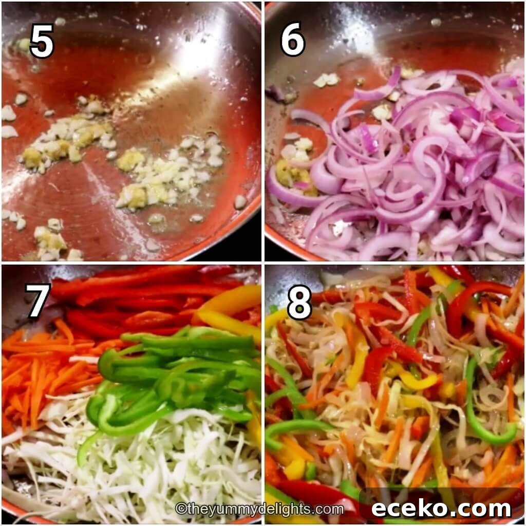 Collage image of 4 steps showing stir-frying the bell pepper, onions and carrots to make egg hakka noodles recipe.