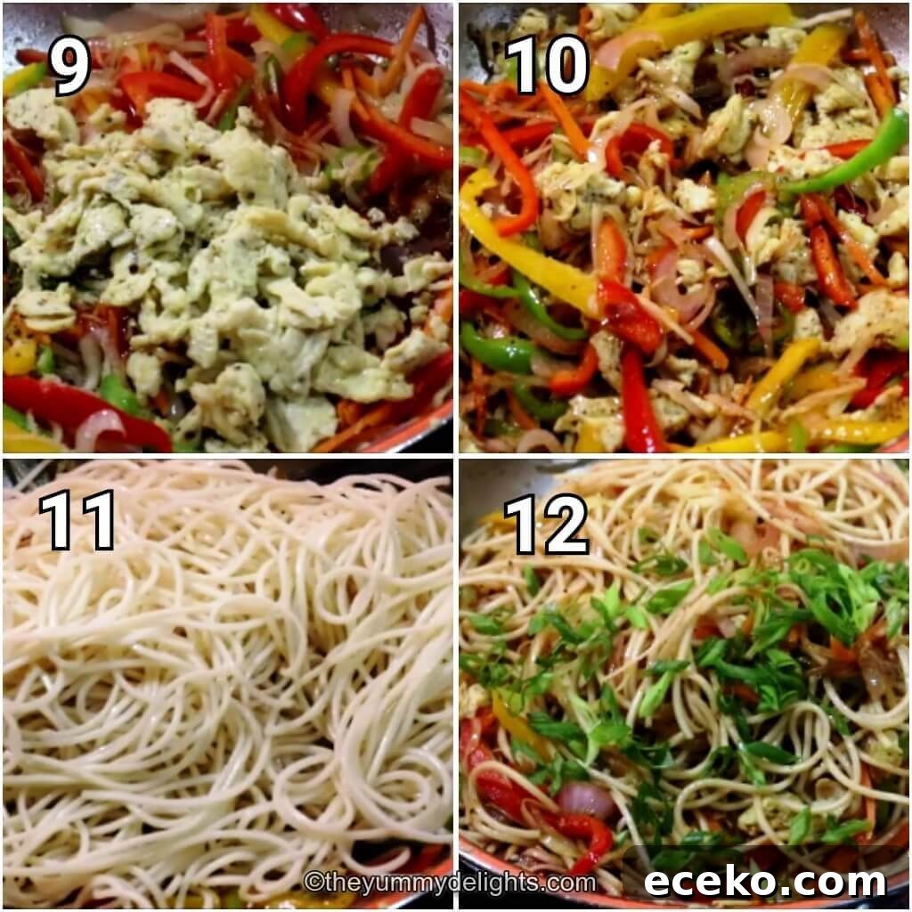 Collage image of 4 steps showing addition of sauces and spices. And stir-frying the noodles to make stir-fried egg hakka noodles recipe.