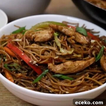 chicken chow mein served in a white bowl.