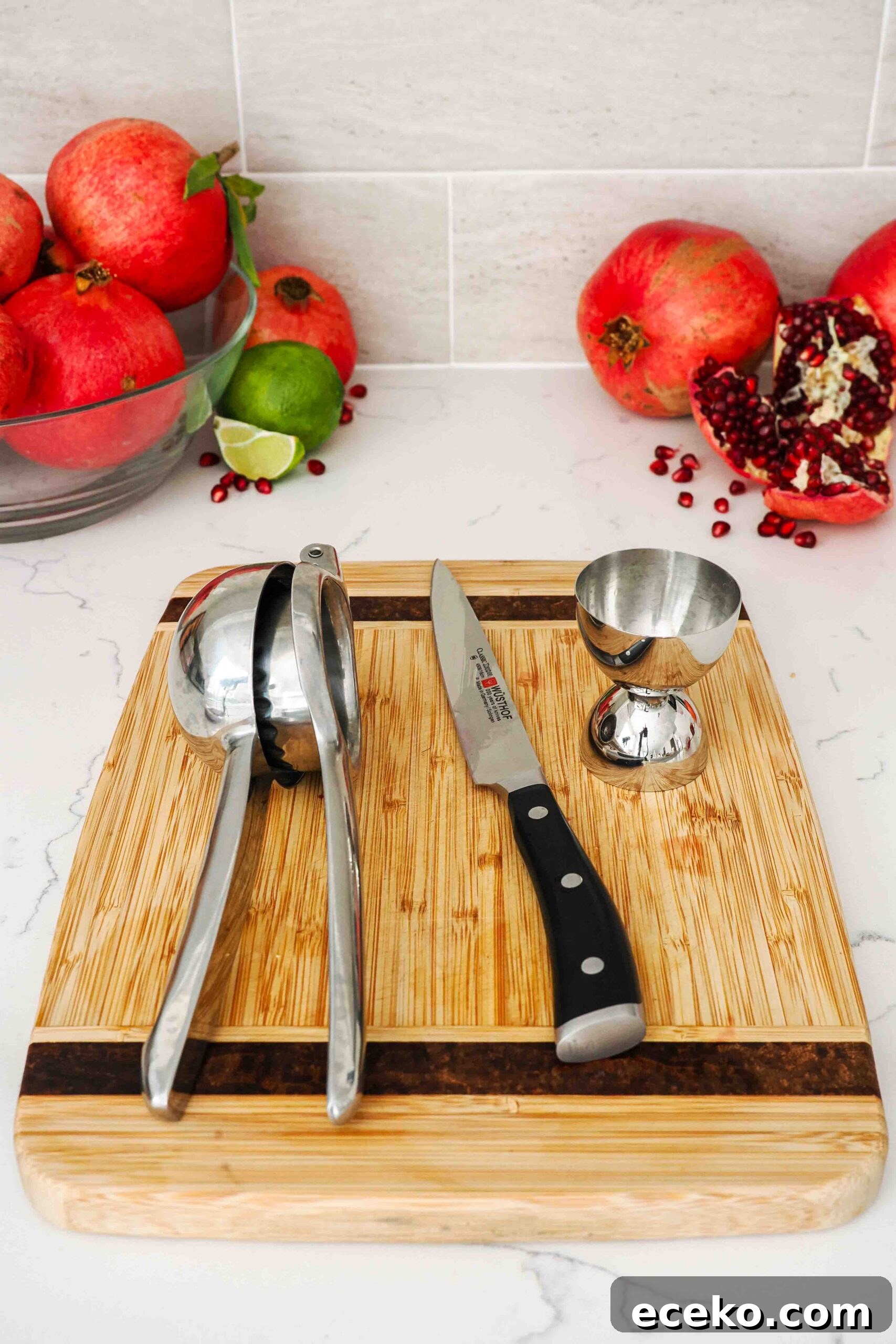 Dishes used to make a pomegranate Moscow mule.