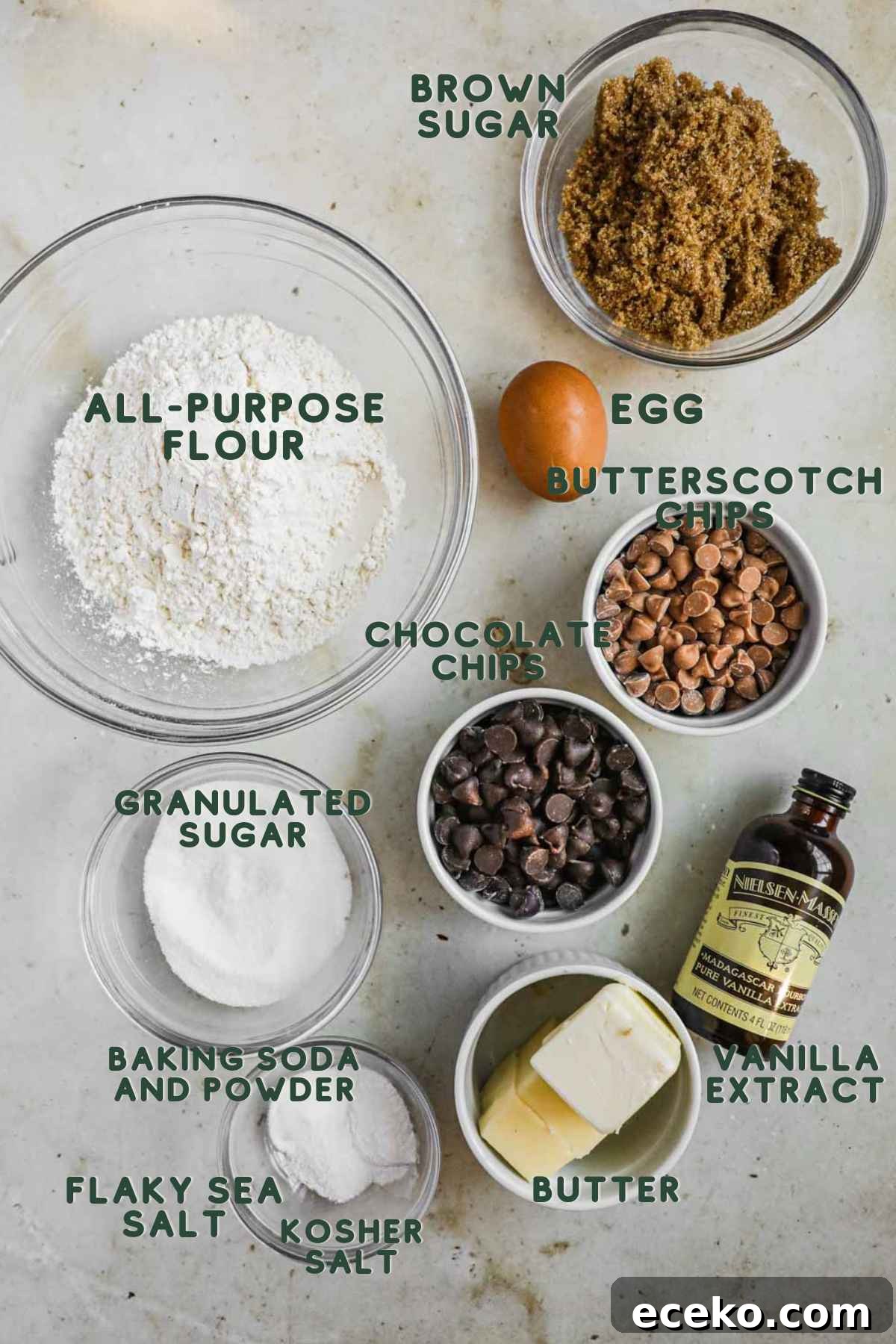 Ingredients butterscotch chocolate chip cookies, flour, brown sugar, butterscotch chips, egg, sugar, chocolate chips, vanilla, baking soda and powder, butter, salt.