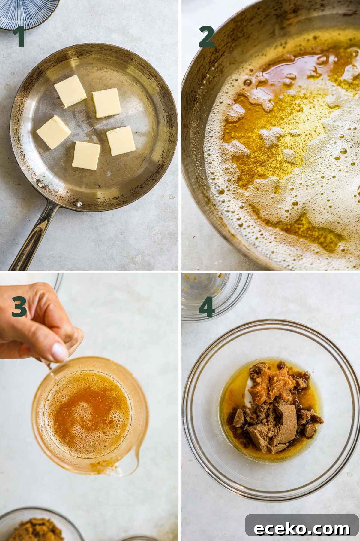 Steps to make butterscotch chocolate chip cookies, browning the butter, adding sugars, butter to a mixing bowl.