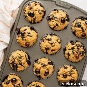 A muffin pan filled with a batch of baked blueberry muffins.