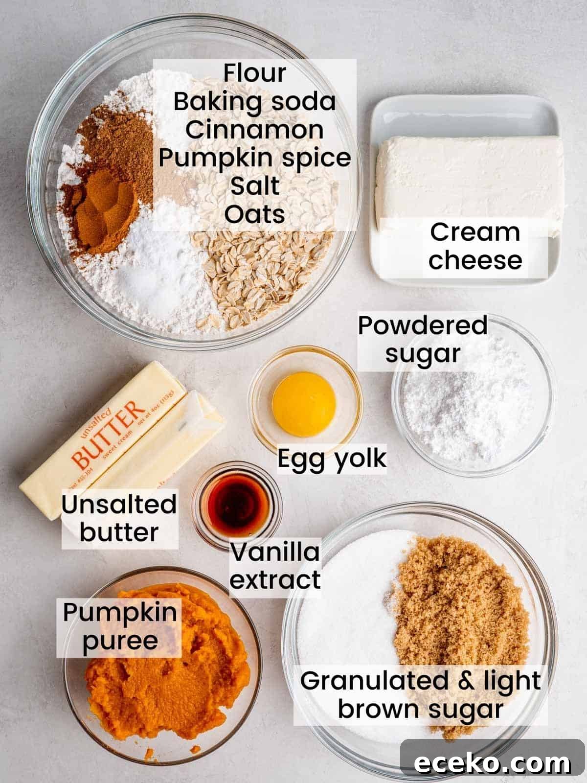 Oatmeal Pumpkin Cheesecake Cookie Recipe for Fall Baking 3 oatmeal pumpkin cheesecake cookies ingredients labeled