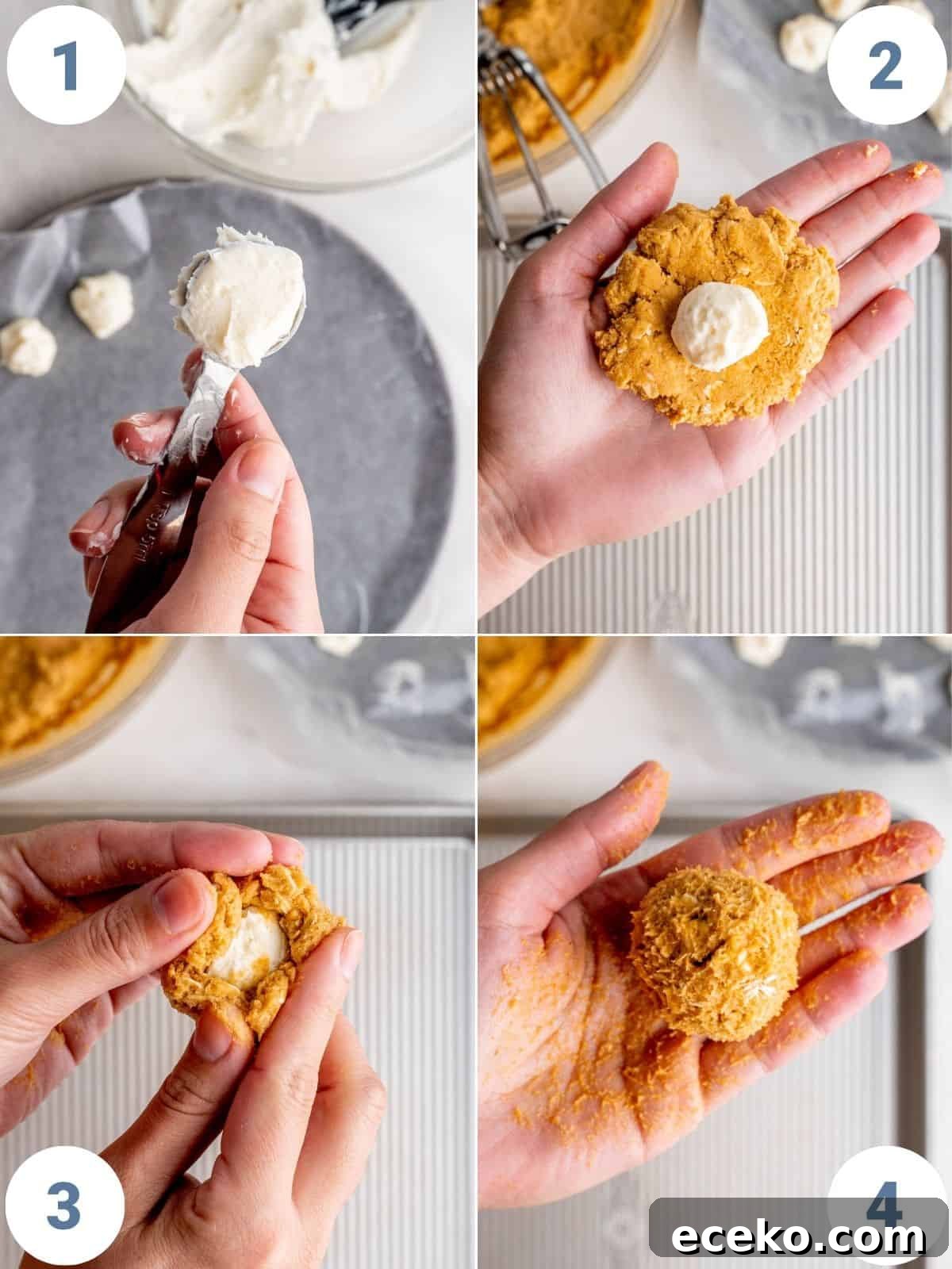 Oatmeal Pumpkin Cheesecake Cookie Recipe for Fall Baking 5 step by step instructions showing how to fill the pumpkin cookie dough with the cheesecake balls