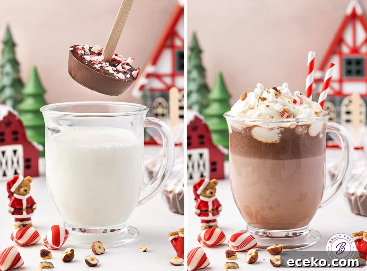 Made with semi-sweet chocolate, Nutella, and heavy cream, Hot Chocolate on a Stick is a fun way to enjoy a rich, indulgent mug of hot cocoa. A hot chocolate on a stick being added to hot milk on the left and a photo of the hot chocolate on the right