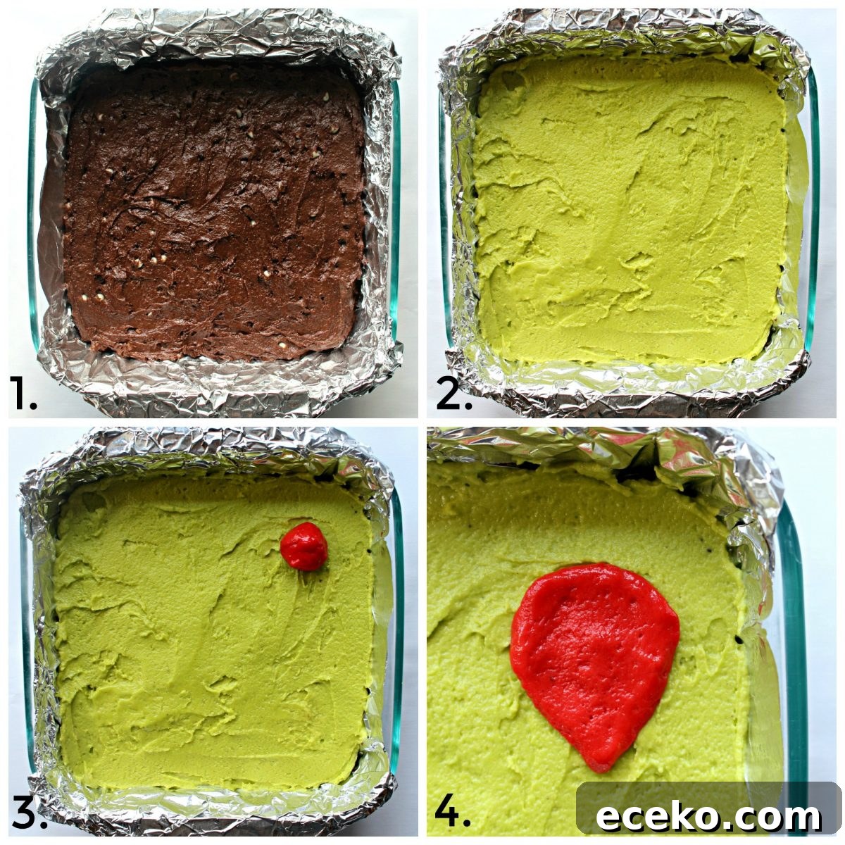 Steps 1-4 for making Grinch Brownies
