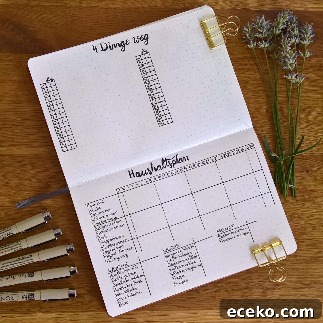 Bullet Journal Cleaning Schedule: 20 Smart Layout Ideas 7 Black and White Spread