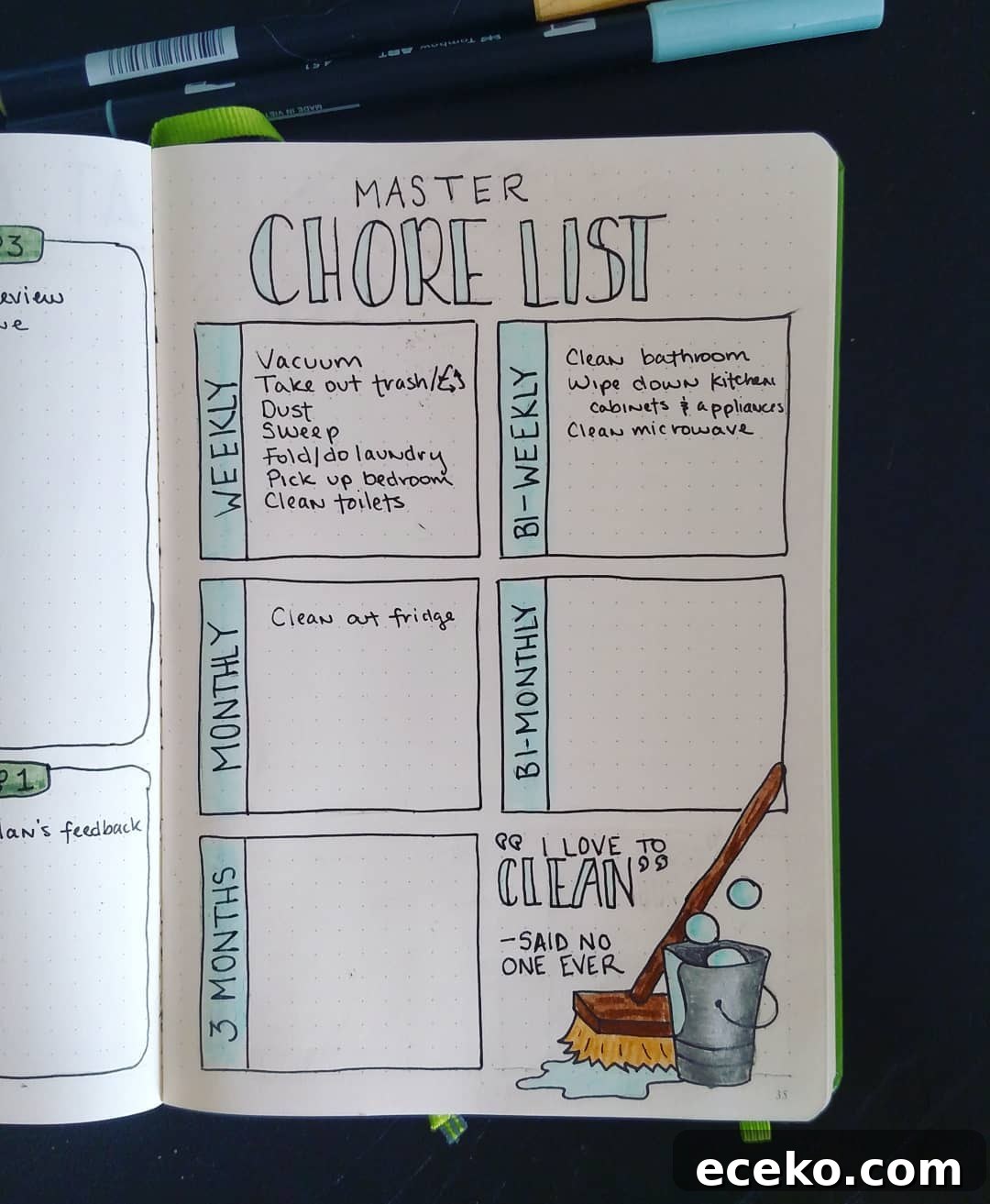 Bullet Journal Cleaning Schedule: 20 Smart Layout Ideas 10 Humorous Quote Spread
