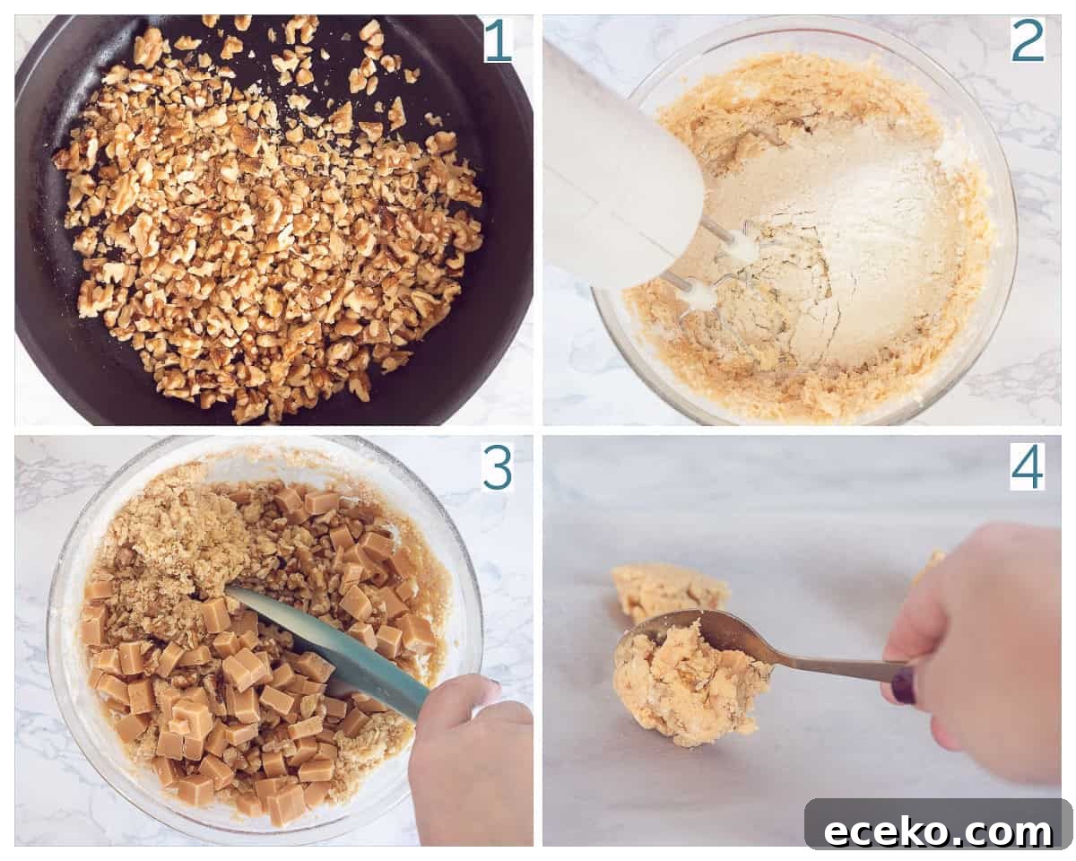 Fudge-Filled Walnut Cookies Recipe 4 4 collage picture of the preparation of Walnut Cookies with Fudge