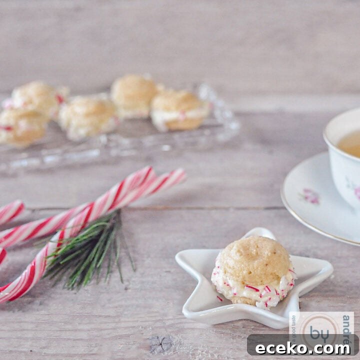 A square photo with a white Christmas bowl with a macaron. Candy canes and a glass bowl with additional macarons in the background