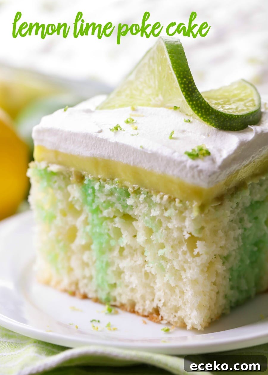 Lemon Lime Poke Cake is full of lime flavor, topped with creamy lemon pudding and topped with whipped cream and zest! Lemon lime poke cake topped with a lime twist