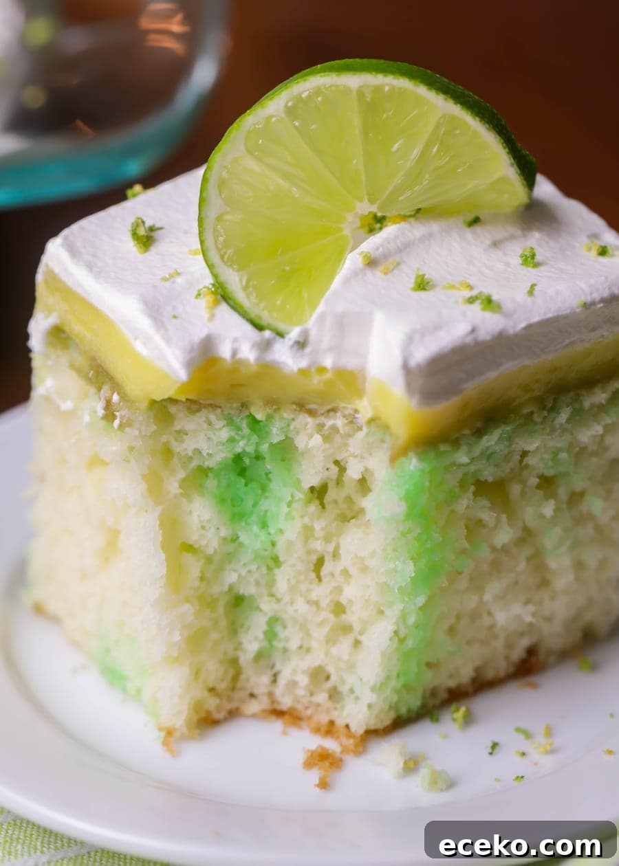 Lemon Lime Poke Cake is full of lime flavor, topped with creamy lemon pudding and topped with whipped cream and zest! bite of a slice of lemon lime poke cake