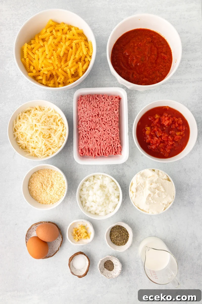 One-Pan Ricotta Lasagna Casserole Recipe 3 Ingredients for lasagna casserole recipe on a countertop.