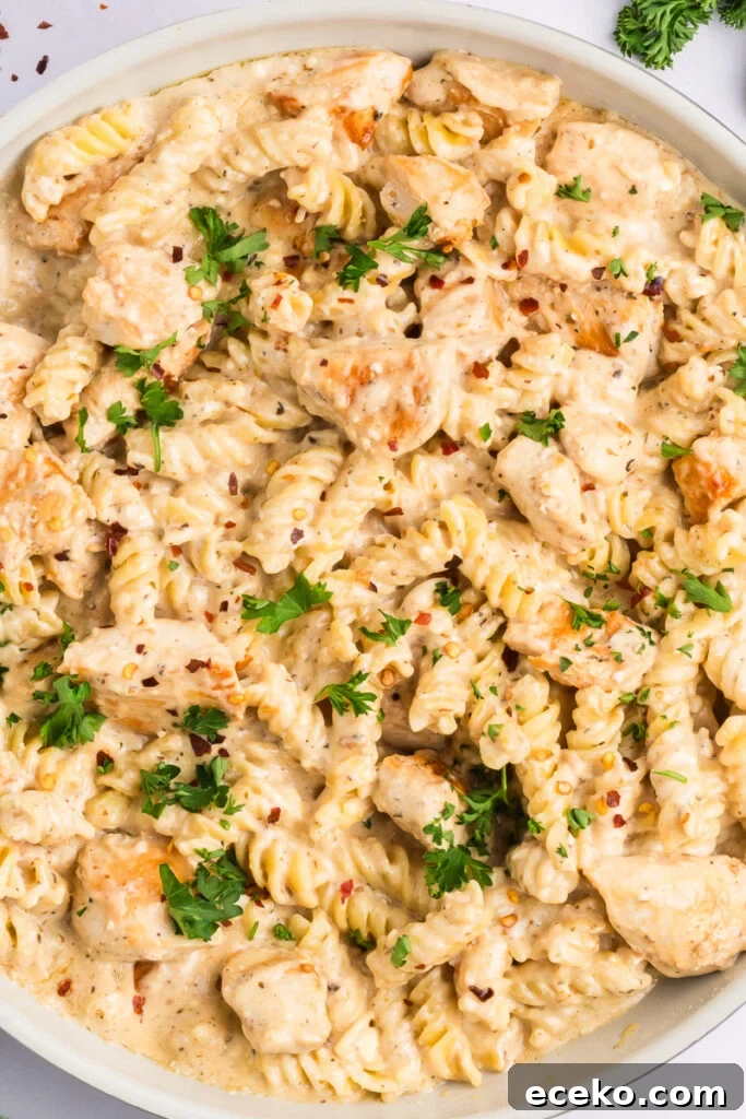 One-Pan Ricotta Lasagna Casserole Recipe 6 Chicken garlic Parmesan pasta in bowl ready to be served.