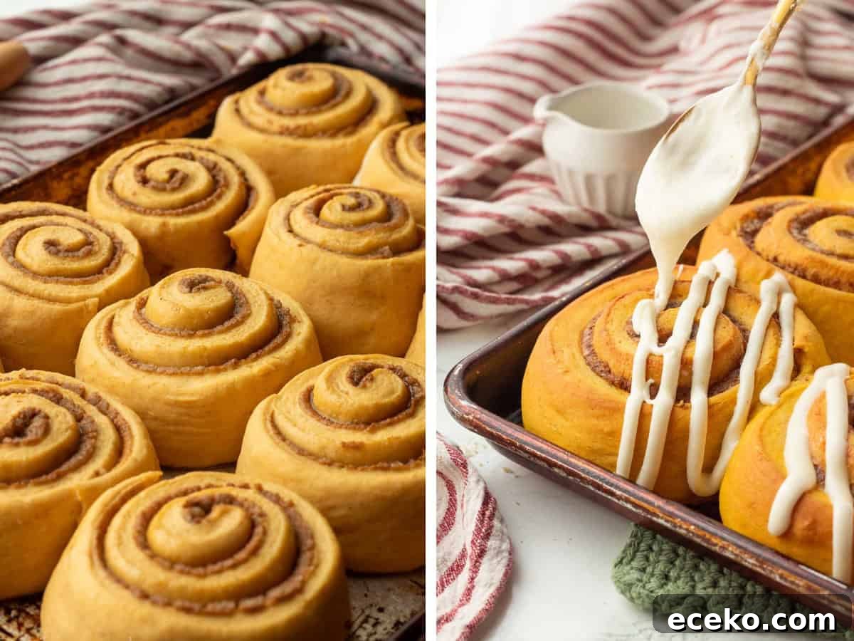 Raw pumpkin cinnamon rolls and baked rolls with icing.