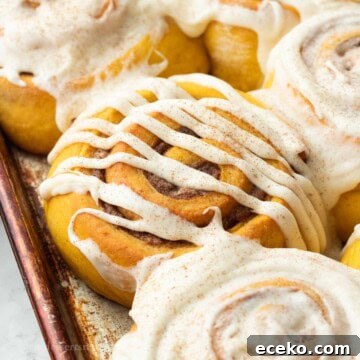 Baked frosted pumpkin cinnamon rolls in metal pan.