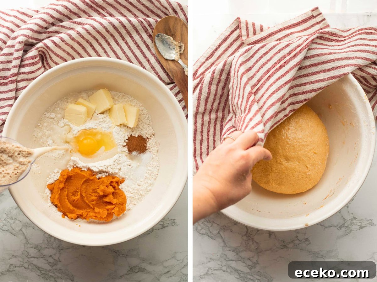 Pouring yeast mixture into white bowl and kneaded pumpkin dough in white bowl.