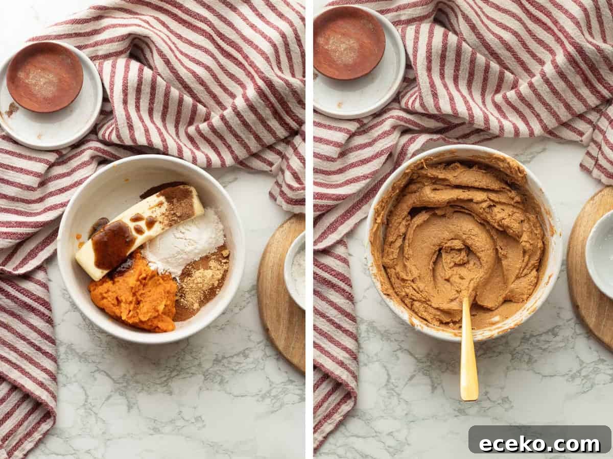 Pumpkin filling ingredients in white bowl and mixed filling with gold spoon.