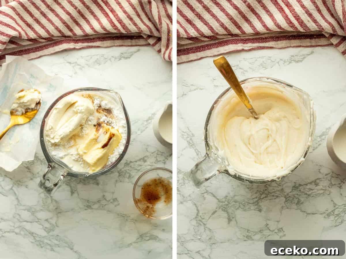 Cream cheese icing ingredients in bowl, and mixed in glass bowl.