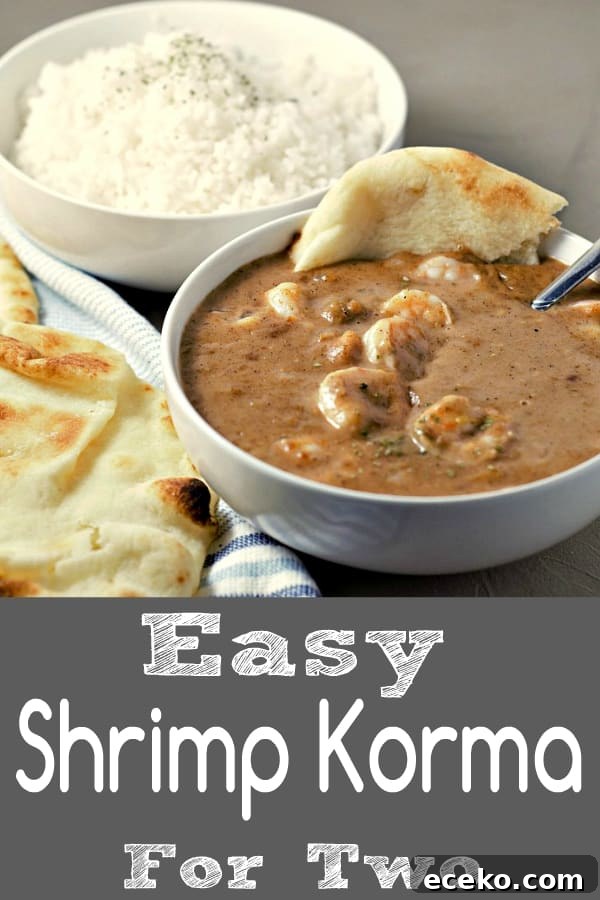 Creamy Shrimp Korma Recipe with Aromatic Spices 2 a graphic of Easy Shrimp Korma Recipe for Two ready in 30 minutes.