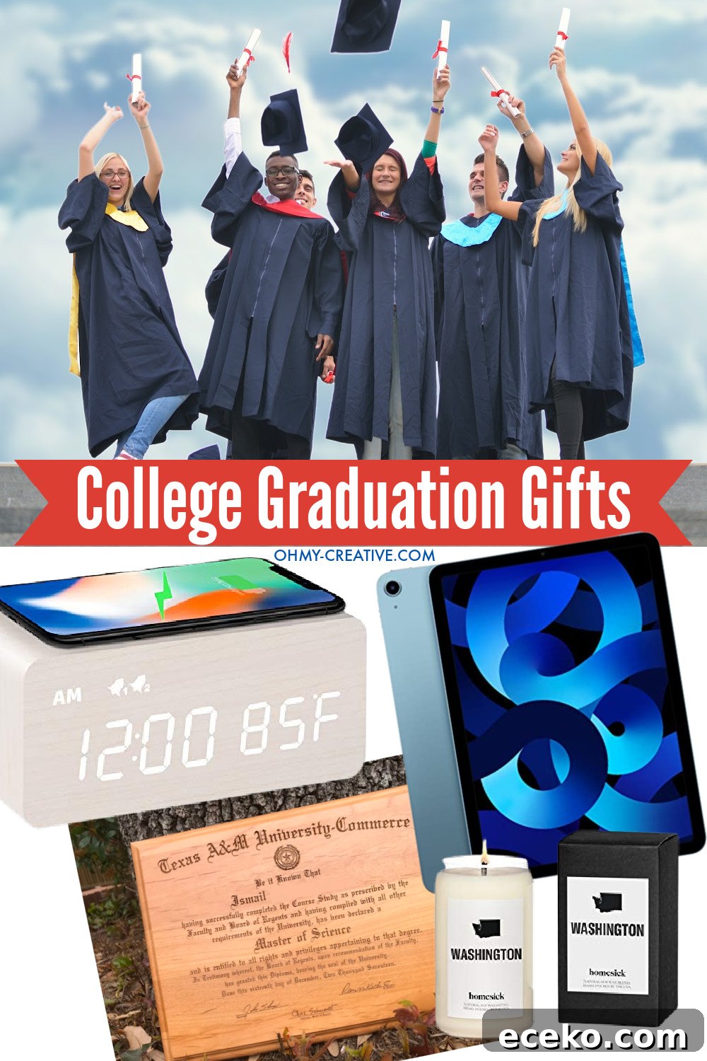 A group or grads celebrating and cheering. Below are great college graduation gift ideas to give!