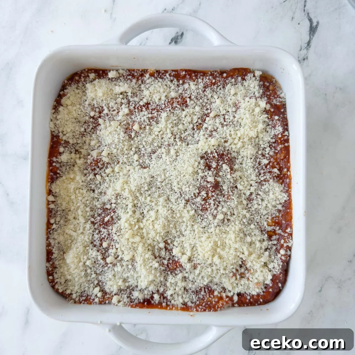 Top layer of a gluten-free lasagna dish ready for baking topped with parmesan cheese.