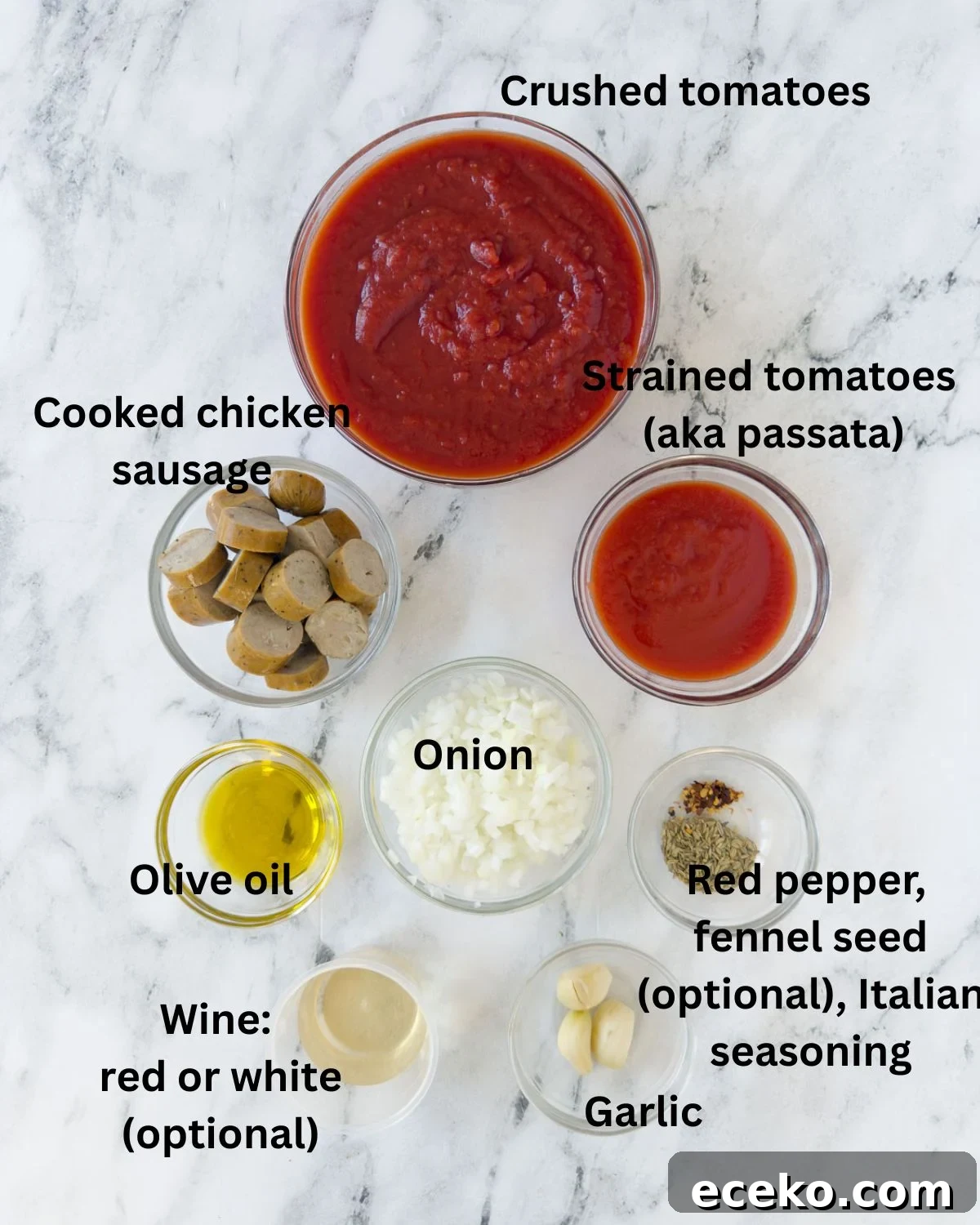 Ingredients for lasagna sauce with sausage, onions, tomatoes, herbs, garlic, and wine. 