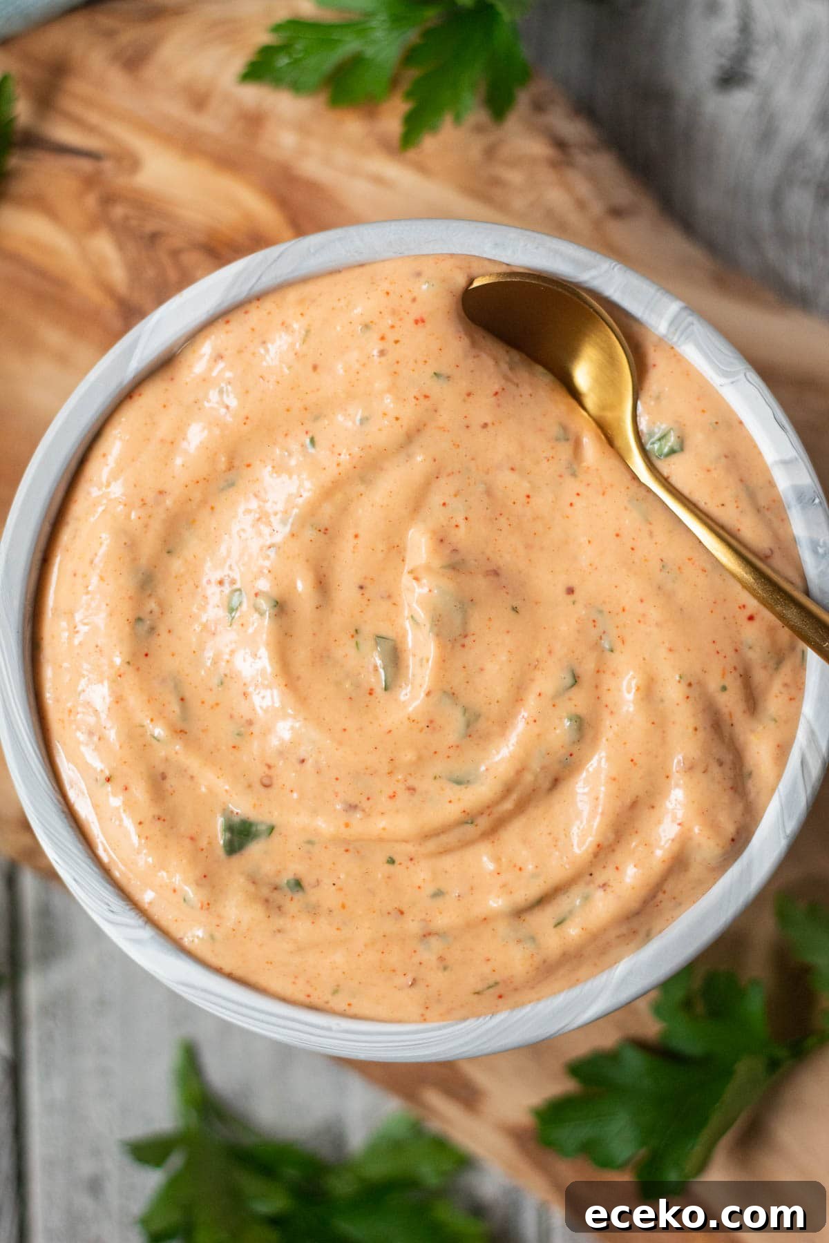 Authentic New Orleans Remoulade Sauce Recipe for Seafood 2 New Orleans remoulade sauce in a gray bowl.