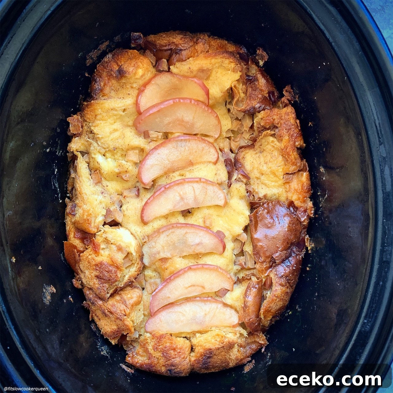 after cooked pic of Slow Cooker Apples & Honey Challah Bread Pudding 