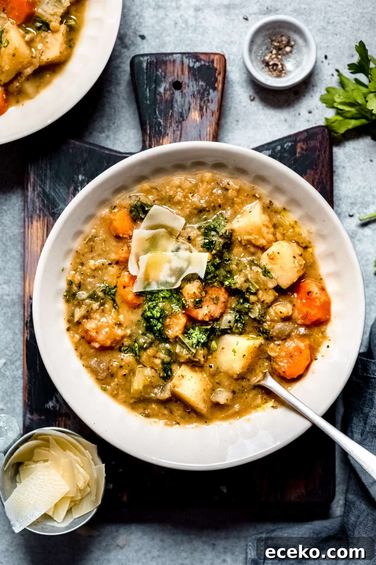 Easy slow cooker lentil soup in a white bowl