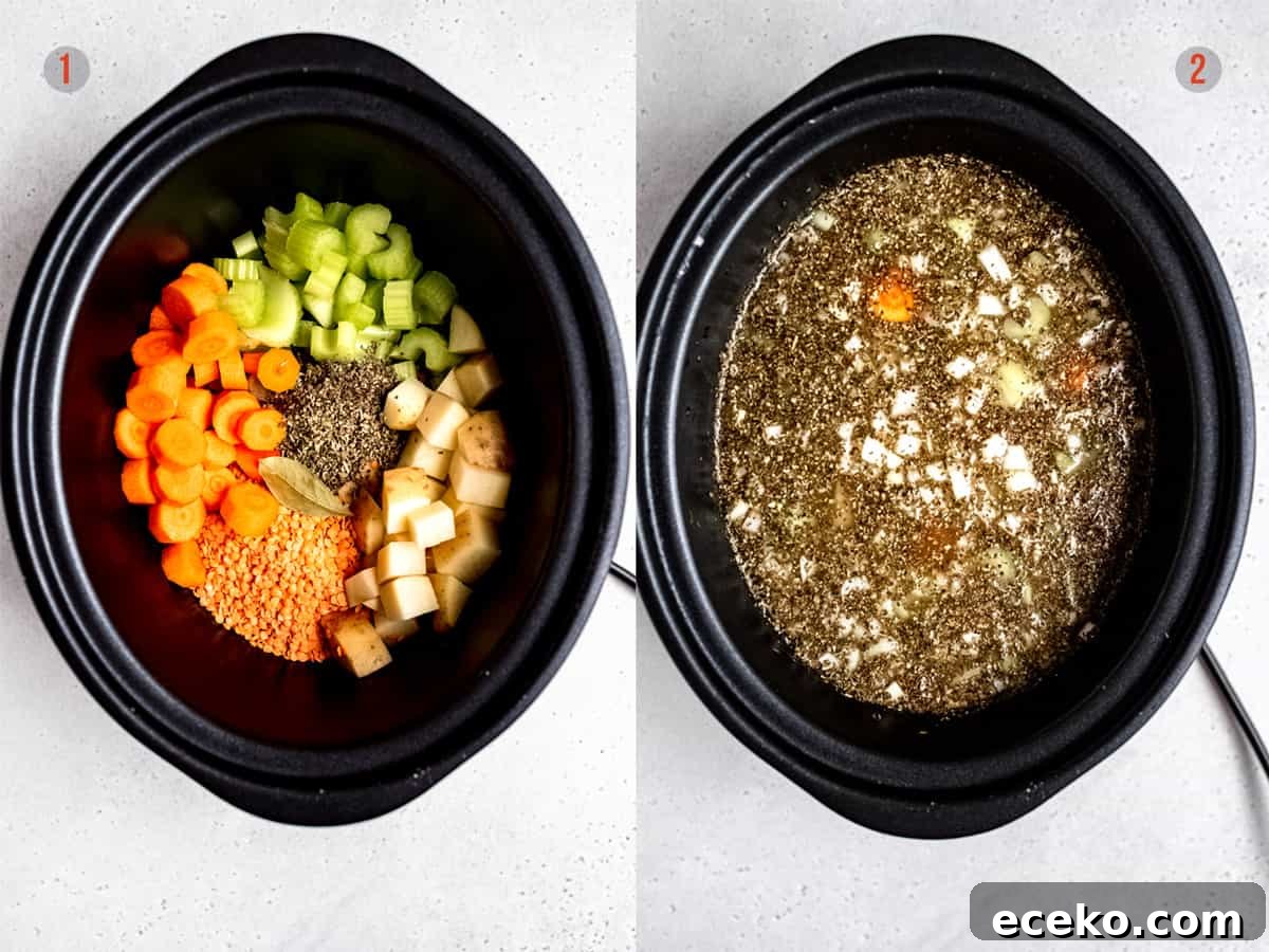 vegetables and herbs in the crockpot for lentil soup