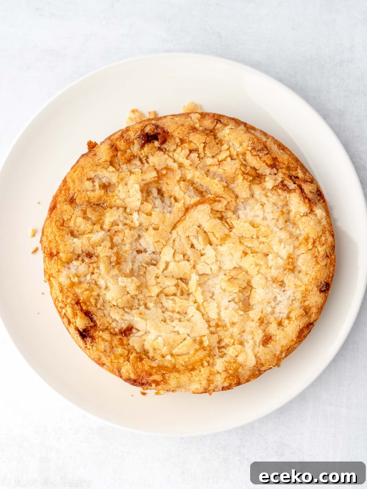 Round cake on a white plate. 
