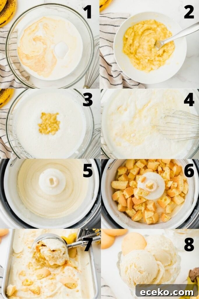 Creamy Banana Pudding Ice Cream Recipe for Summer 4 Photo collage showing 8 steps needed to make banana pudding ice cream.