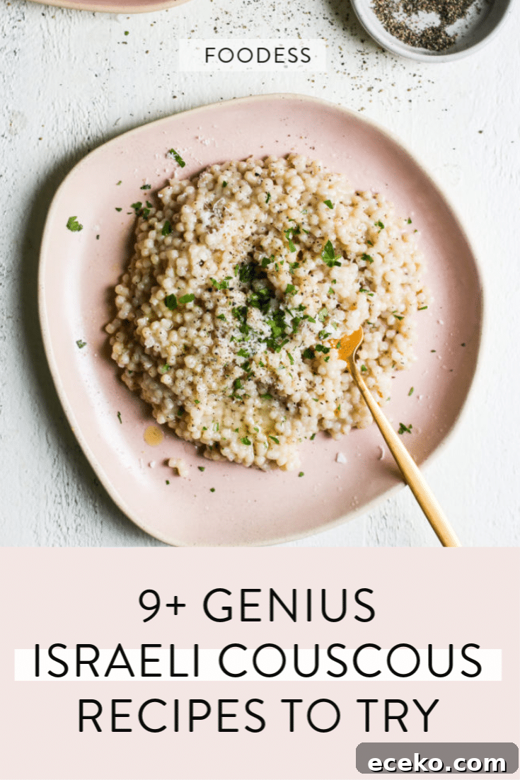 hot israeli couscous recipe on pink plate.