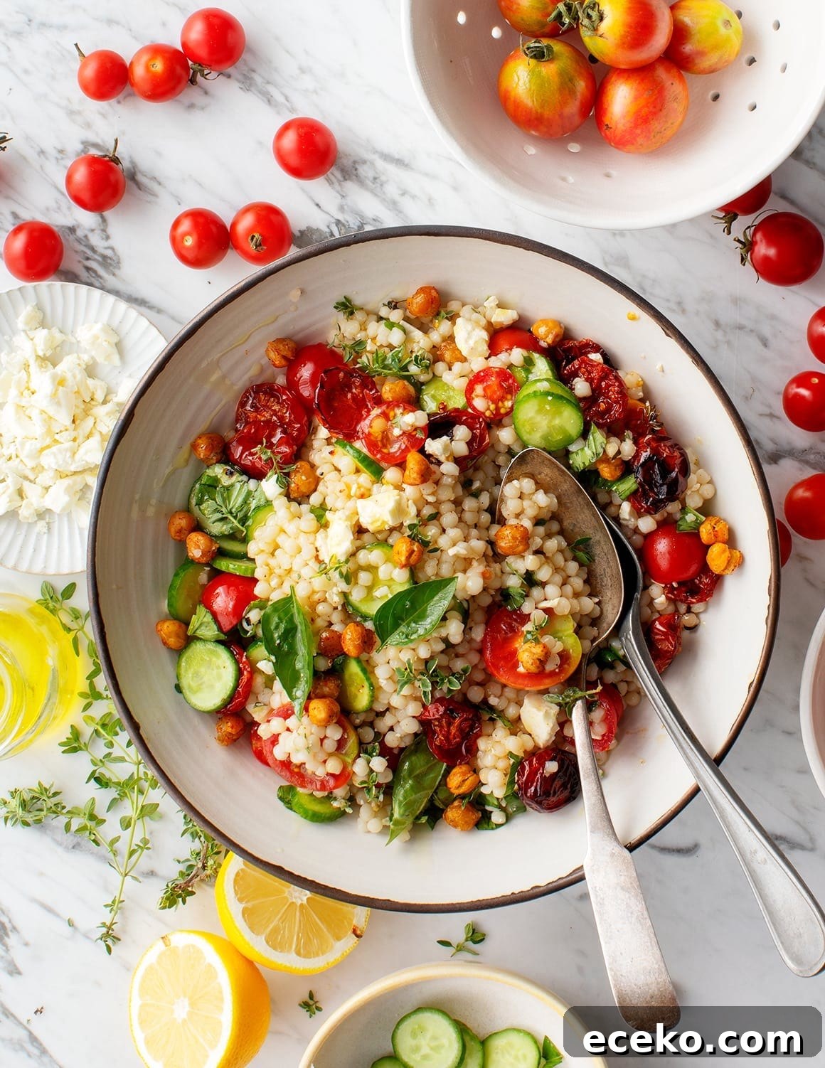Israeli couscous salad with cherry tomatoes and basil on a plate.