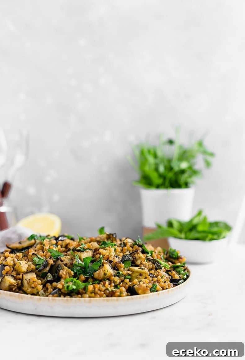 Israeli couscous salad with eggplant and herbs on a plate.