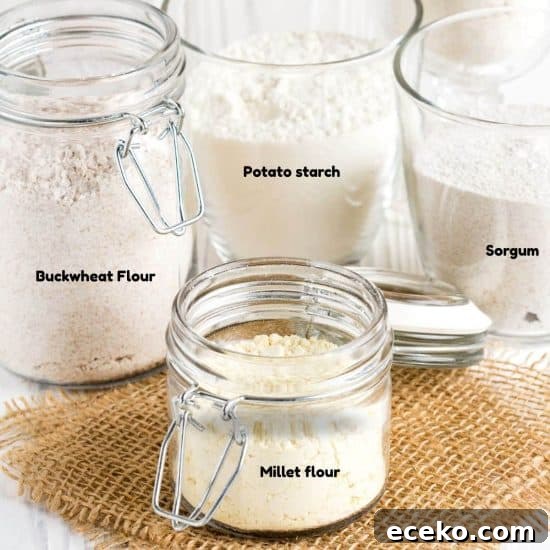 Gluten-free flour types in different jars.