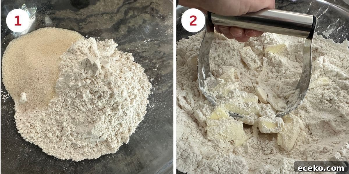 Photos of the dry ingredients and cutting cold butter into the dry ingredients.