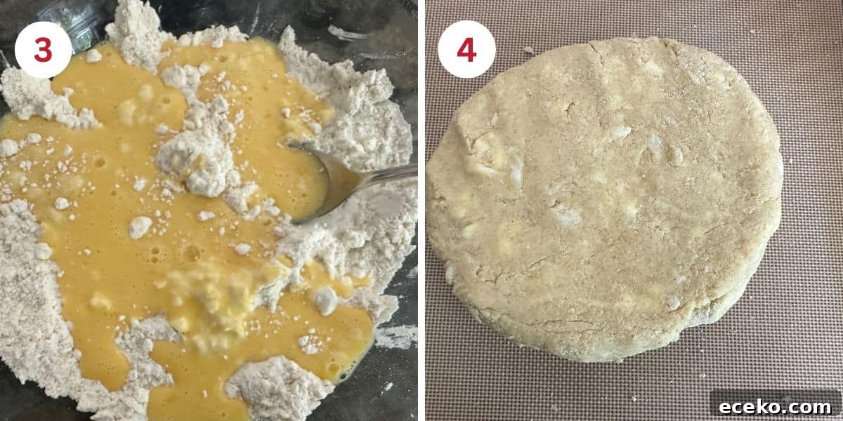 Photos showing mixing the wet and dry ingredients, and the scone dough.