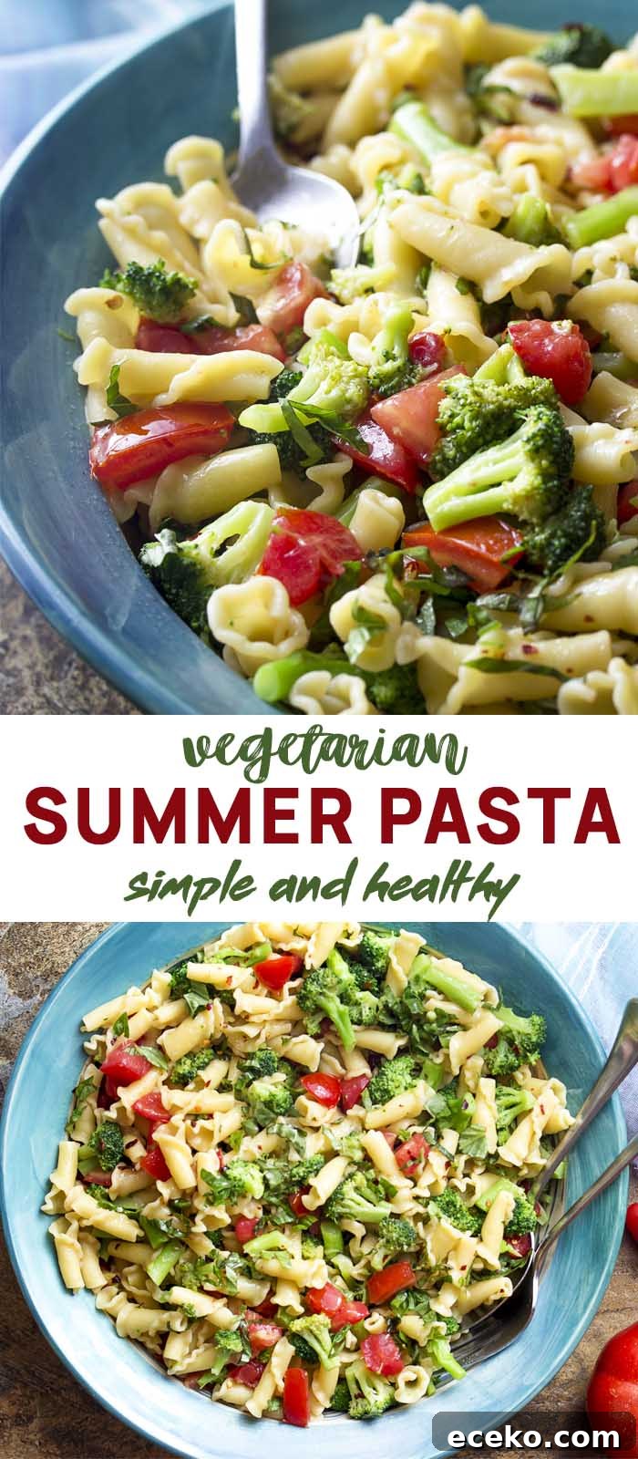 Pasta and vegetables in a blue serving bowl with text overlay - Vegetarian Summer Pasta.