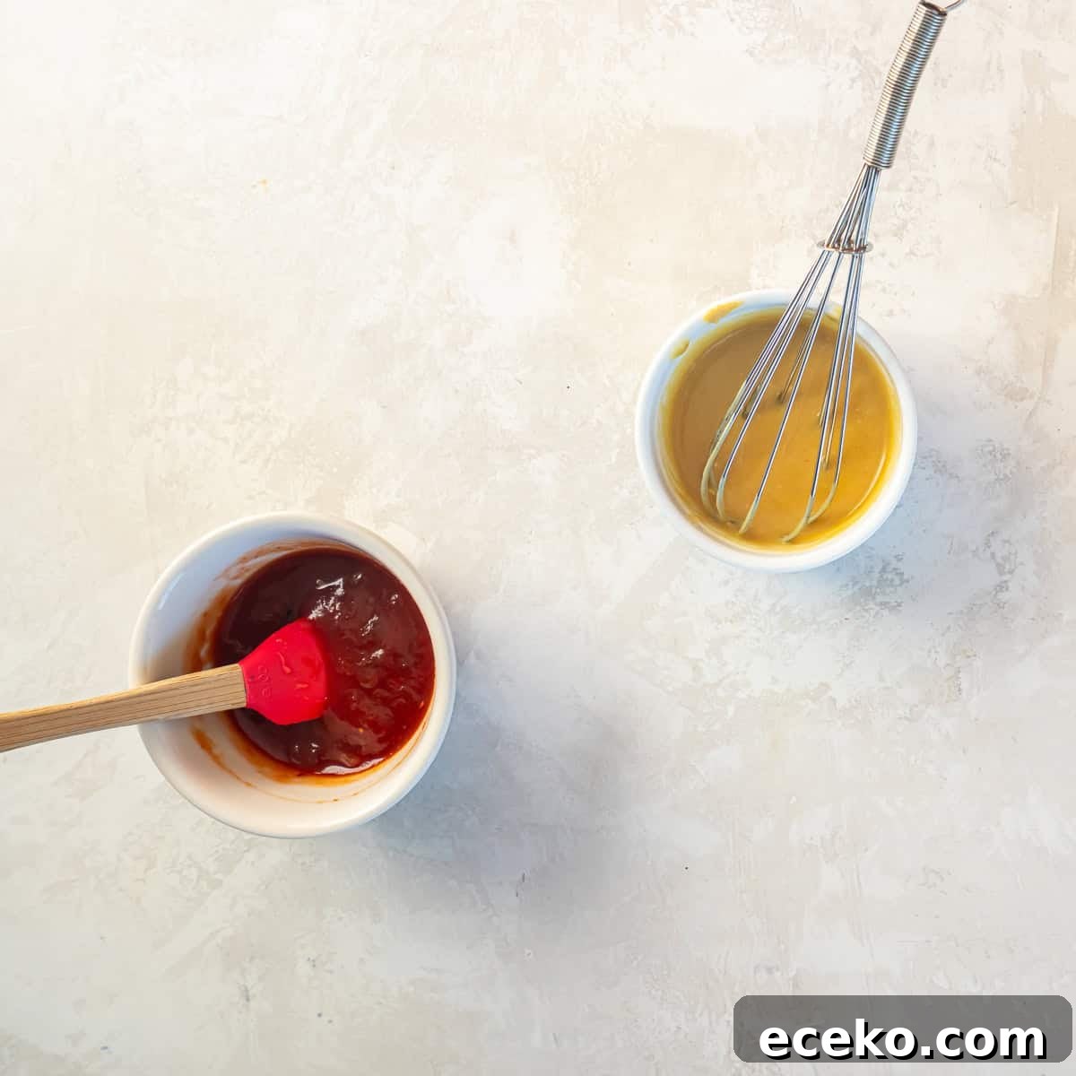 Savory Chicken Sausage Bites for Party Appetizers 5 Two small bowls of dipping sauces, one with chili jam sauce and one with honey mustard being whisked on a light countertop.