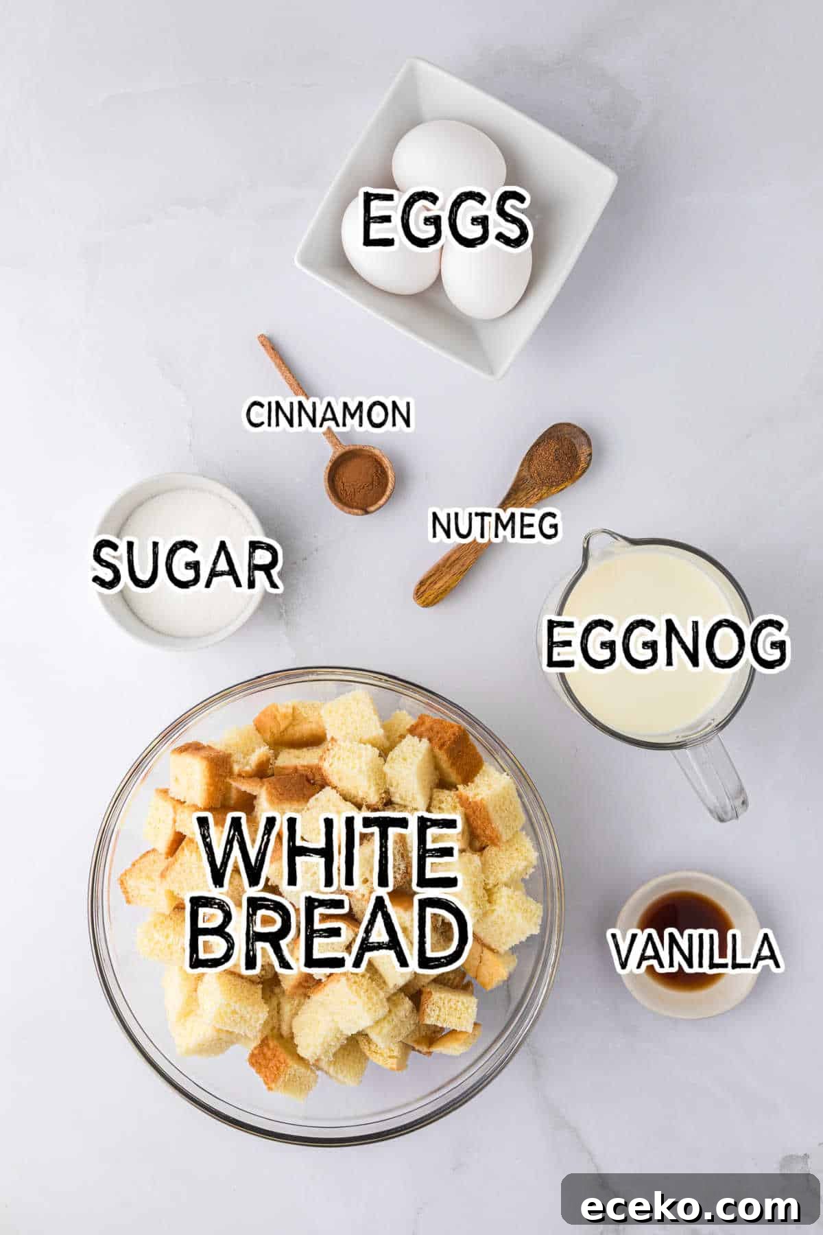 Eggnog Bread Pudding with Cinnamon-Caramel Sauce 3 Eggnog bread pudding ingredients.